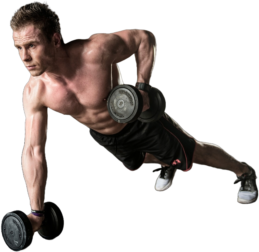 man exercising with dumbbells (Renegade row)